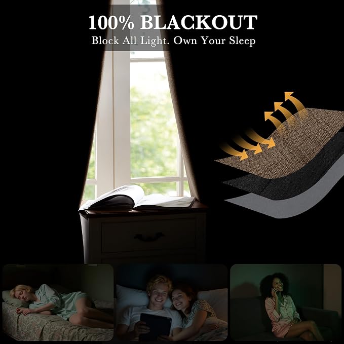 RYB HOME Brown 100% Blackout Short Curtains 45 Inches Long - Image 3