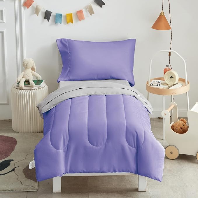 UOZZI BEDDING 4 Pieces Toddler Bedding Set Ultra Soft and Breathable Toddler Sheet Set - Includes Comforter, Flat Sheet, Fitted Sheet and Pillowcase - Purple & Gray