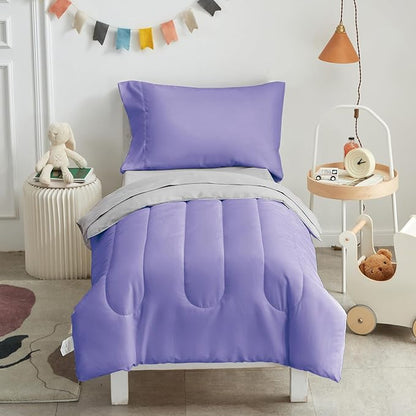 UOZZI BEDDING 4 Pieces Toddler Bedding Set Ultra Soft and Breathable Toddler Sheet Set - Includes Comforter, Flat Sheet, Fitted Sheet and Pillowcase - Purple & Gray