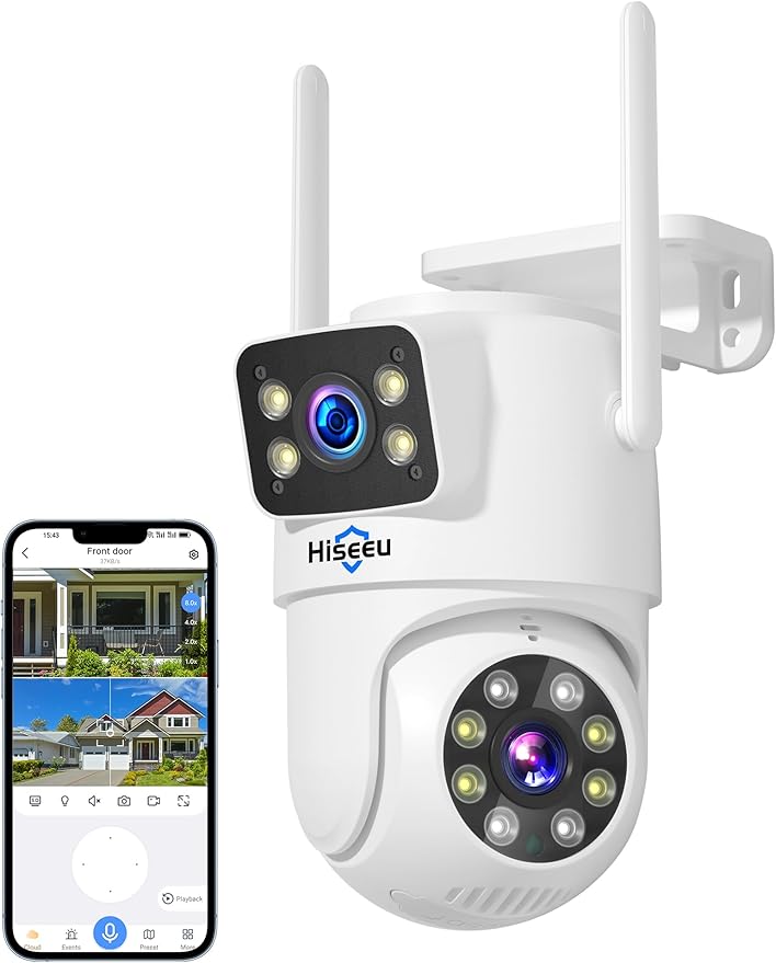 Hiseeu WiFi Security Camera Dual Lens 5G/2.4G WiFi PTZ Camera Outdoor,Power Cord,IP65 Waterproof Motion Tracking,Color Night Version, No-Monthly Fees
