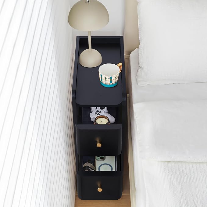 Narrow Nightstand Set of 2, Wooden Small 2 Drawer Nightstand, Slim Side End - Image 5