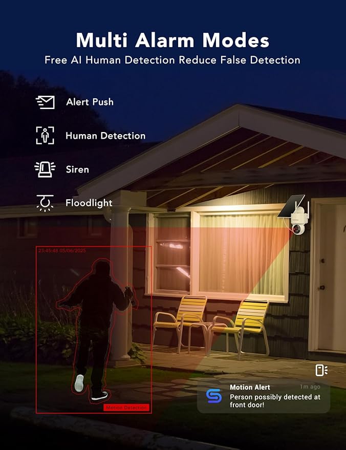 FAMVIVA 2K Solar Security Cameras Wireless Outdoor, 360°PTZ Battery Powered Cameras for Home Security, 2.4G WiFi Outdoor Camera with Color Night Vision, IP66 Waterproof, Motion Sensor Alarm, White-4P