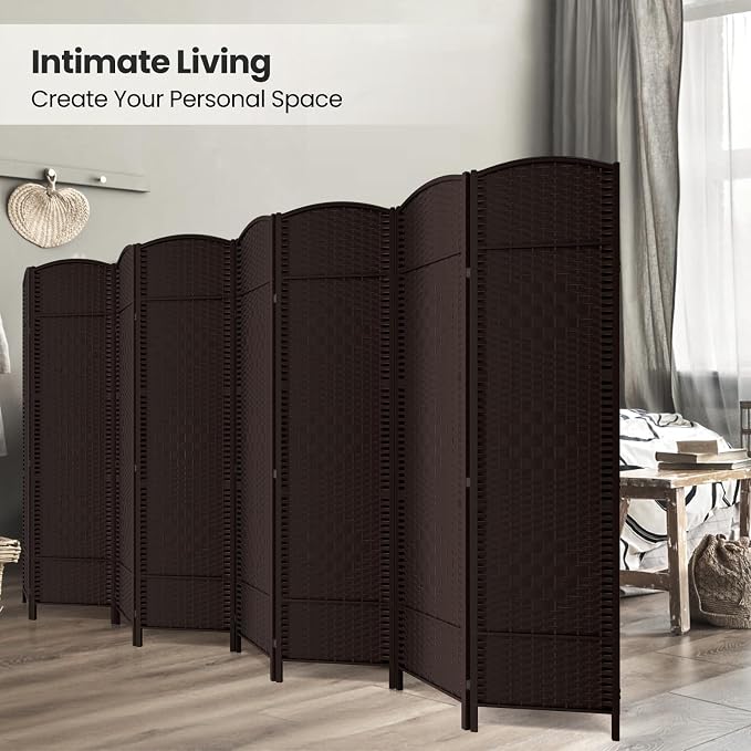 8 Panel Folding Room Divider, Woven Privacy Screen, Chocolate | Solid wood frame - Image 4