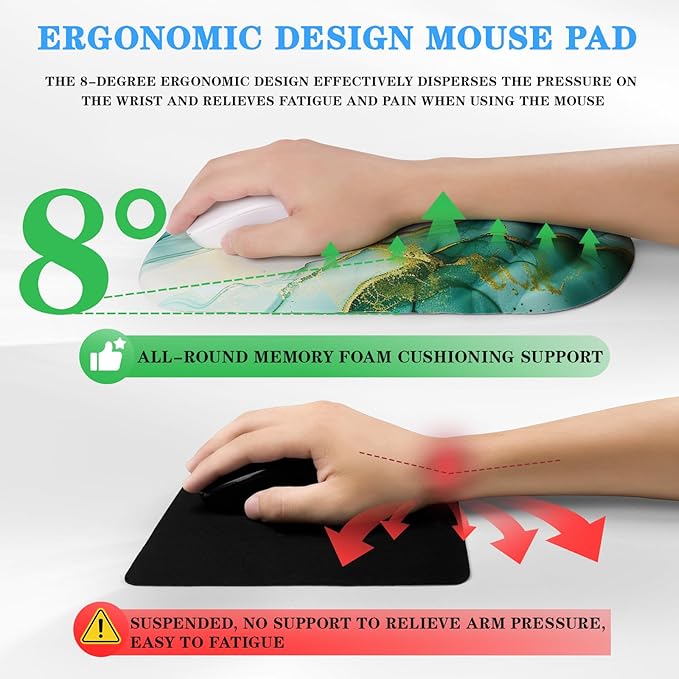 Mouse Pad Wrist Wrist Rest, Comfortable Memory Foam Wrist Rest, Non-Slip PU Base, Ergonomic Wrist Support and Arm Rests for Gaming, Office, Computer Use, Relieve Typing Pain-（Green Marble）