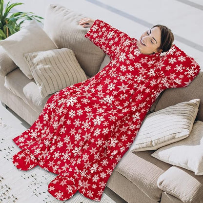 PAVILIA Fleece Blanket with Sleeves, Foot Pockets for Women Men Adults, Plush Wearable Blanket Throw Wrap, Warm Snuggle Blanket Robe, Cozy Gift Ideas Wife Mom, Snowflake Red