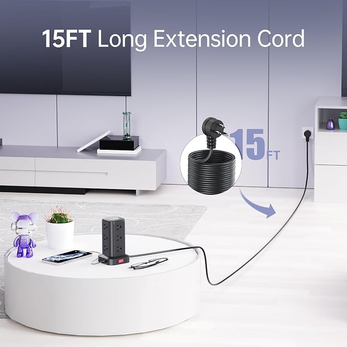 Extension Cord with Multiple Outlets, SMALLRT Power Tower, 15 FT Power Strip - Image 2
