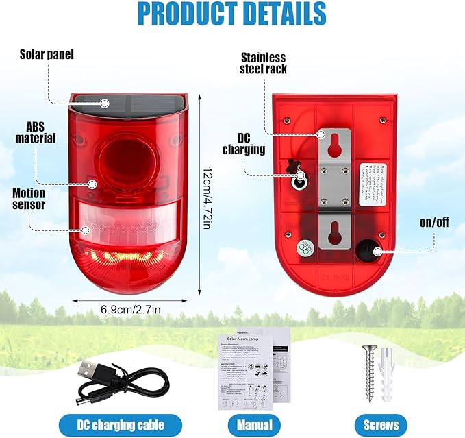 Qualirey 2 Pack Solar Sound and Light Alarm Motion Sensor 129db Outdoor Security Siren Waterproof Motion Activated Detector Alarm 6 LEDs Flash Warning Strobe System for Home, Farm (Red)