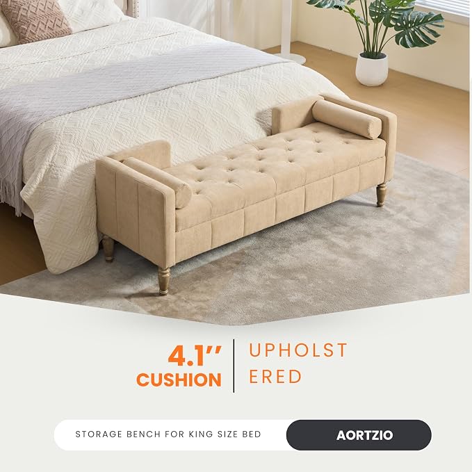 64.6" End of Bed Storage Bench for Bedroom, Sand. | Modern End of Bed Ottoman - Image 5