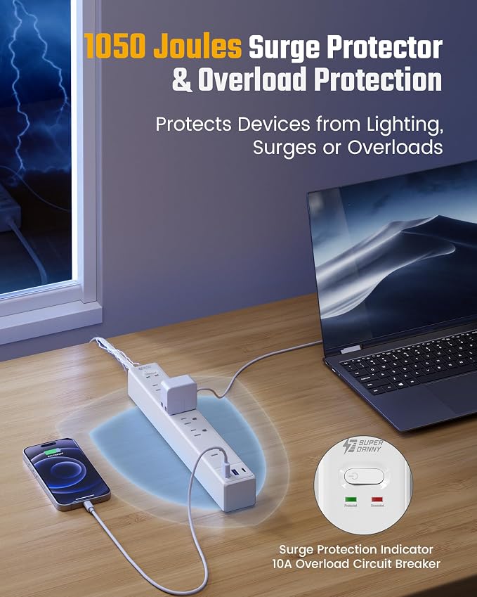 15Ft Long Extension Cord, SUPERDANNY Flat Plug Surge Protector Power Strip | 6 - Image 6