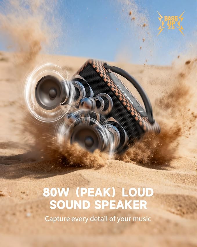 DINDIN Portable Bluetooth Speaker： 80W (Peak), 20H Playtime, Wireless Big Wood Boombox with Deep Bass, Subwoofer, TWS, Large, Loud Speaker for Party, Outdoor, Backyard, Beach, Home,Gift（Black+Brown）