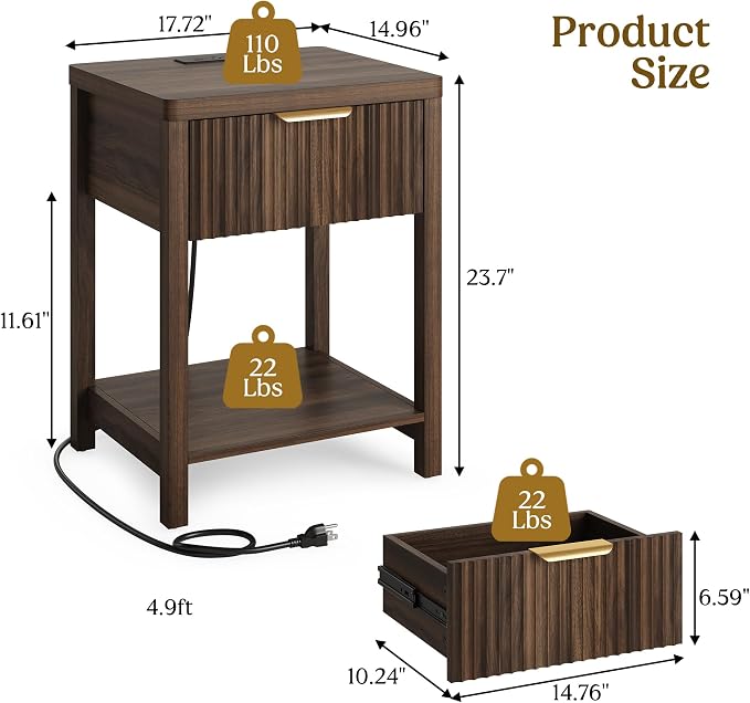 Night Stand Set 2, Fluted Wood Nightstands w/Charging Station - Image 2