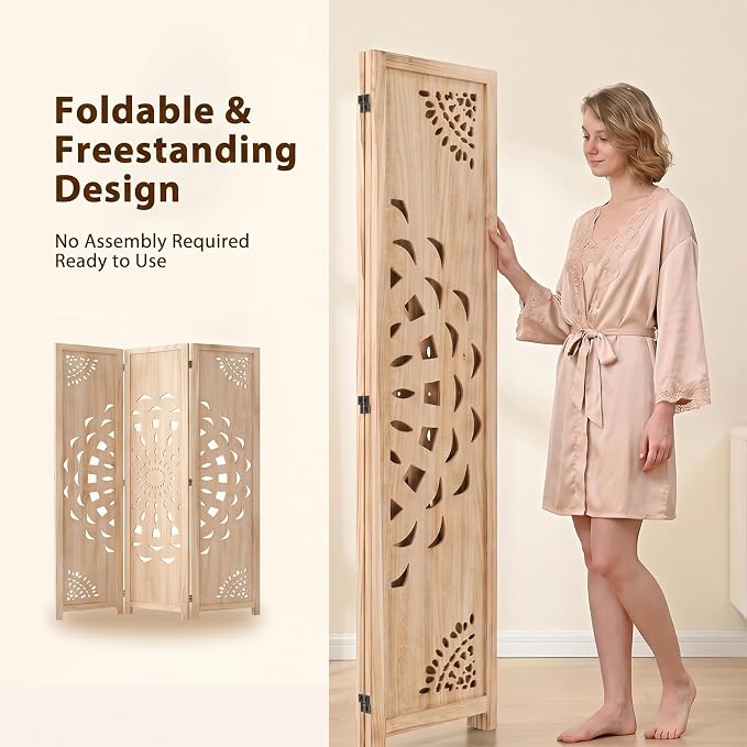 3 Panel Room dividers, 66.9" Boho Double-Sided Carved Screen, Natural | - Image 3