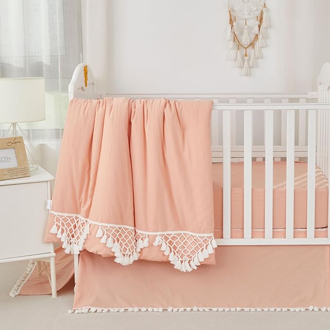 Brandream Boho Bohemian Girl Baby Nursery Crib Bed Skirt 100% Cotton Pleated Dust Ruffle Farmhouse Chic Ruffle Minimalist Tassel Fringe Macrame Luxury Toddler Bedskirt Solid Blush