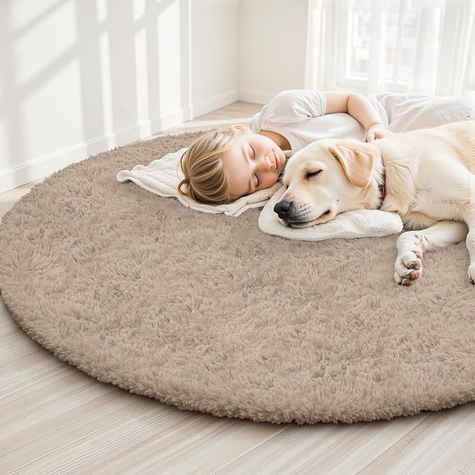 Beige Round Fluffy Rug 5ft Plush Fuzzy Shaggy Carpet | Soft Rugs - Image 6