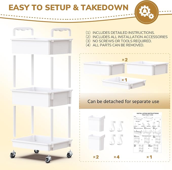 Goovilla Diaper Cart with Lockable Wheels and Easy Assembly, 3 Tier White | - Image 6