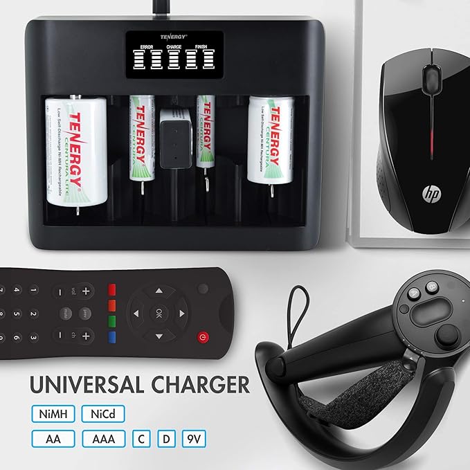 Tenergy TN486U 5-Bay Universal Battery Charger with LCD, Micro USB/Type C Input, for AA, AAA, C, D, and 9V Rechargeable Batteries