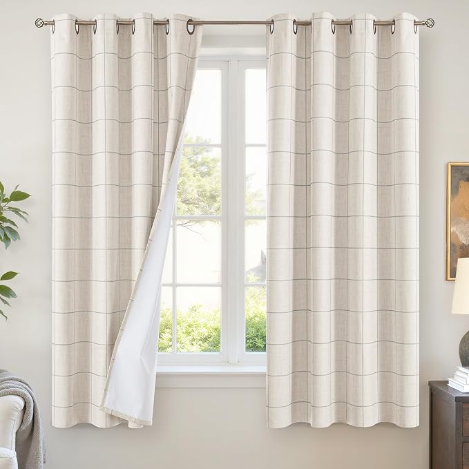 Plaid Blackout Curtains for Bedroom, 52x63 Inch 2 Panels, Light Grey | Boho by Lajode