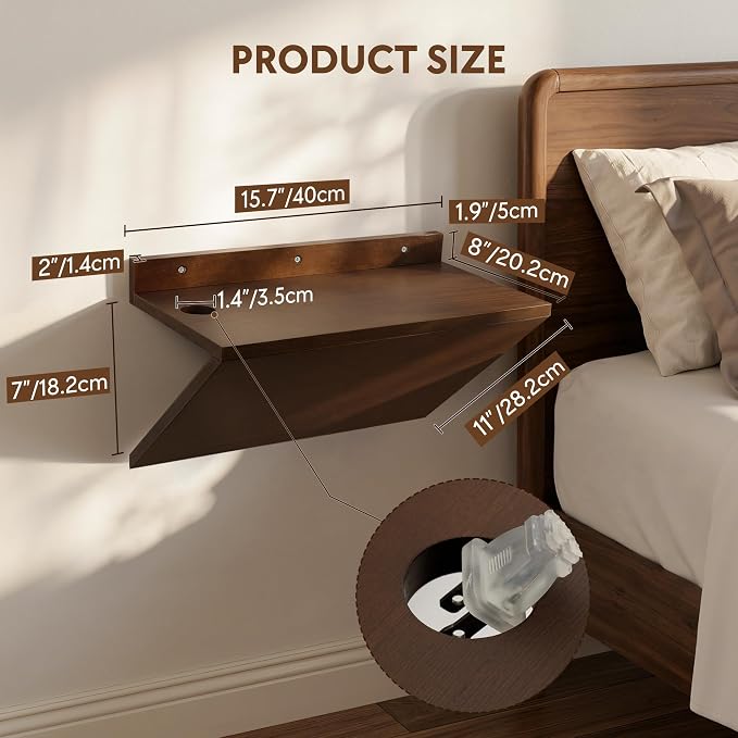 Floating Nightstand Set of 2 Walnut Bedside Table Wall Mounted Wood | Z-Shape - Image 2