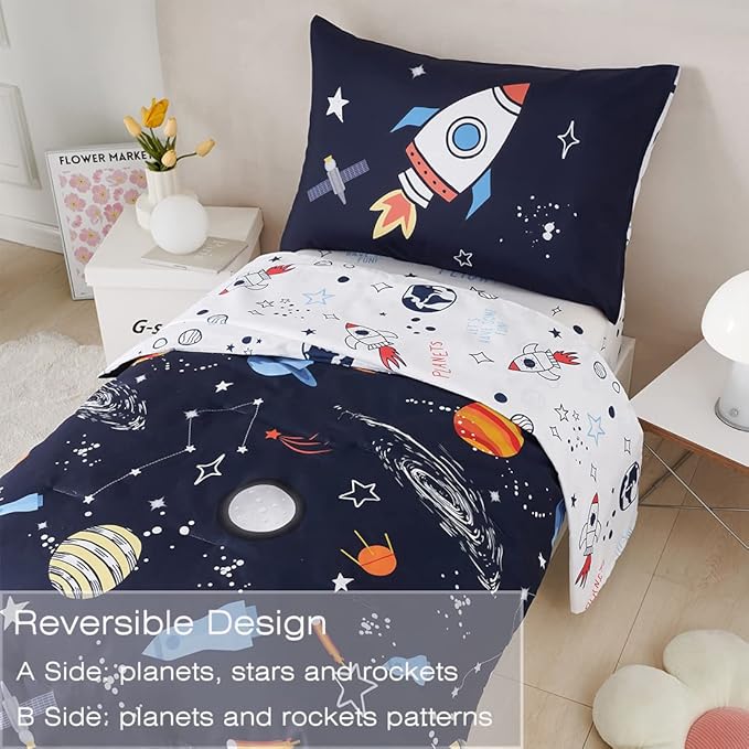 PERFEMET 4 Pcs Toddler Bedding Dark Blue Outer Space Printed Toddler Bed Set with Sheets Reversible Planet Rocket Pattern Bed in a Bag for Toddlers(Dark Blue, Planet/Rocket)