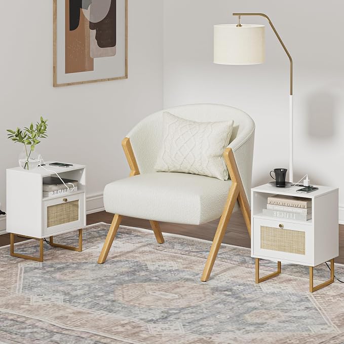 Masupu Rattan Nightstand with Charging Station, Modern Boho Farmhouse Wood - Image 5