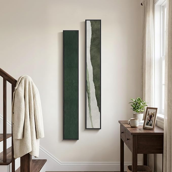 Framed Green White Vertical Abstract Wall Art Decor - Image 2