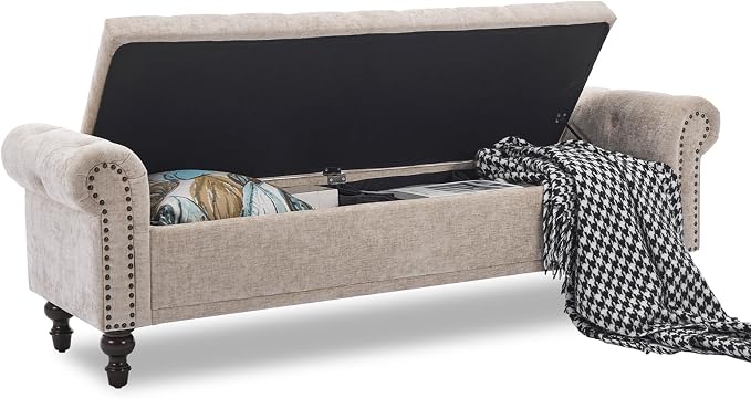 SOFTHION 67" Storage Bench for Bedroom, Chenille Upholstered, Light Brown | - Image 3