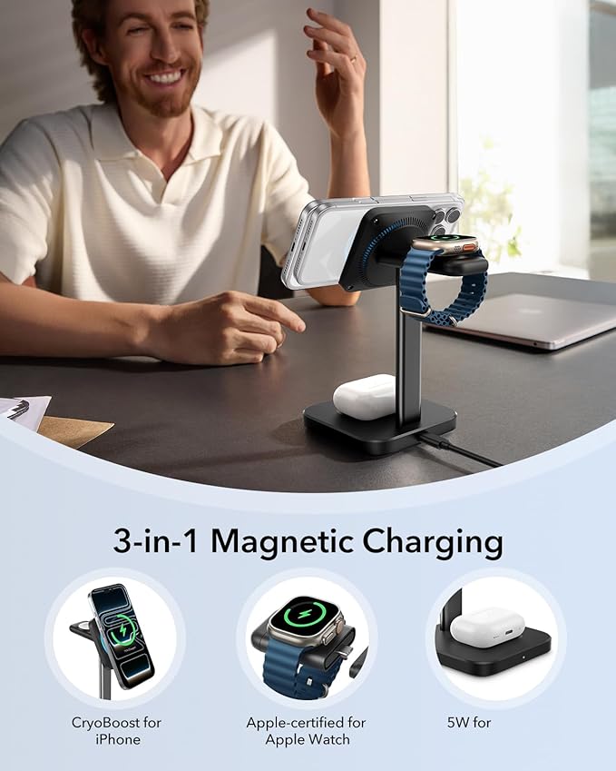 ESR for MagSafe Charger Stand, 3 in 1 Charging Station with CryoBoost, Phone-Cooling Wireless Charging, 15W MagSafe Stand, for iPhone 17/16/15/14/13/12, AirPods, Apple Watch, Black