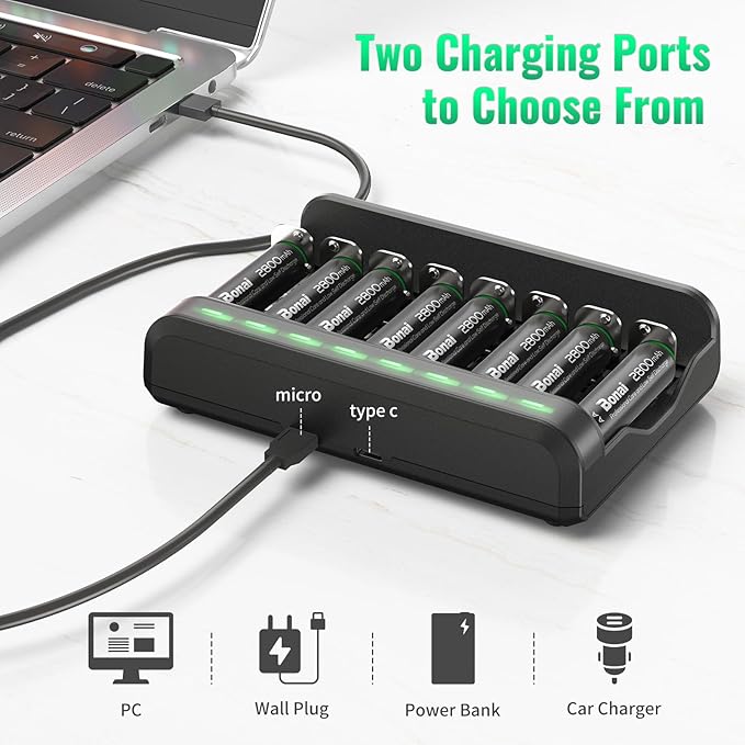 BONAI AA Rechargeable Batteries 2800mAh 8pack with Smart Charger for AA AAA C D NiMH Battery