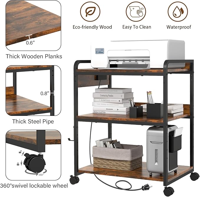 Livofloral 3 Tier Large Printer Stand with Wheels, 25.2 x 18.9 Inch Printer Stand with Power Outlet USB Port, Printer Table with Adjustable Storage Shelf for Home Office, Rustic Brown