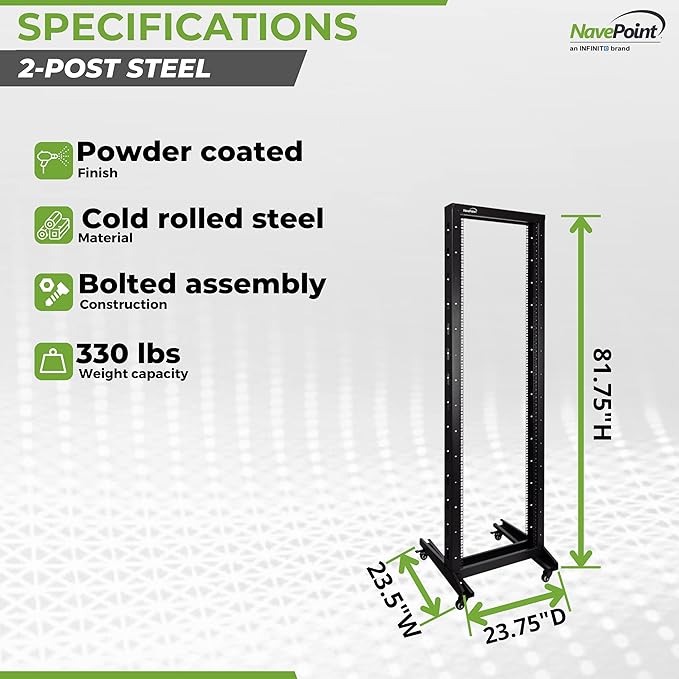 NavePoint 42U 2 Post Open Frame Server Rack with Casters for 19 Inch Equipment, Networking, and IT Devices, 2-Post Rack 330lbs Weight Capacity, Black