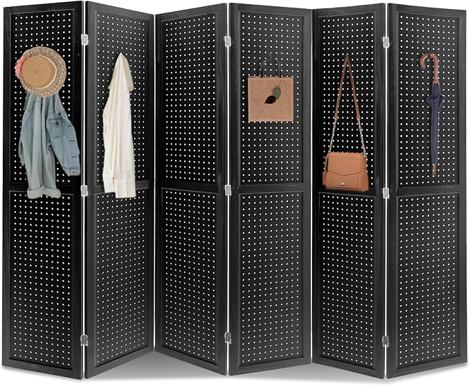 6 Panel Pegboard Room Divider | Black Wood Folding Privacy Screen by Unknown