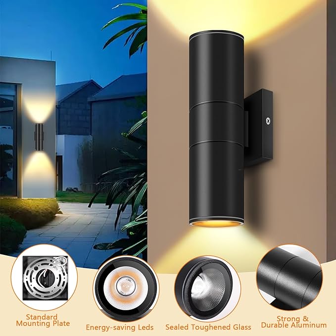 RIDALUX Outdoor Wall Light Fixtures Waterproof: Exterior Cylinder Fixtures Wall Sconce with LED Up Down - 12W Modern Aluminum Waterproof Light