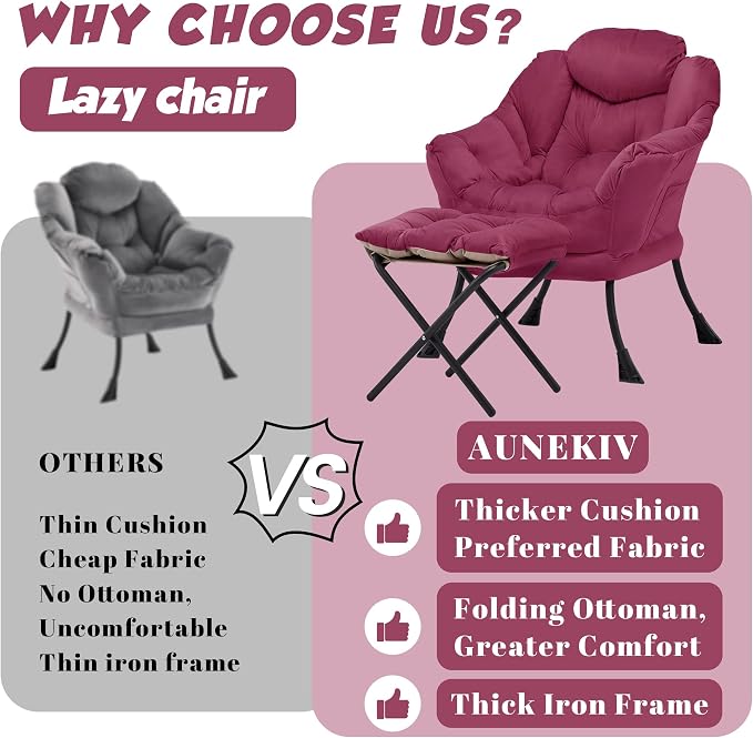 Lazy Chair with Ottoman, Comfy Reading Chair, Burgundy | Cushioned Seat with - Image 5