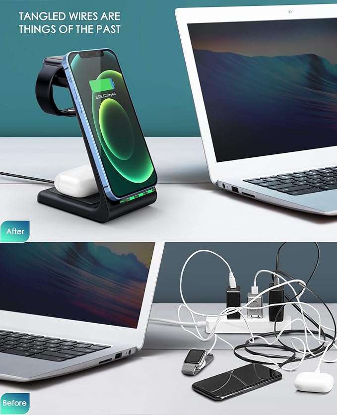3 in 1 Wireless Charging Station, 2026 Upgraded Fast Desk Charger Station for iPhone 17 16 15 14 13 12 Pro Max Plus, Charger Stand for Apple Watch 10 9 8 7 6 5 4 3 2 SE, Airpods 4 3 2 Pro(Black)