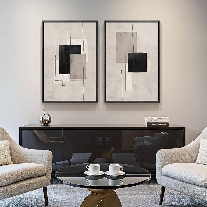 Large Framed Neutral Black Beige Abstract Wall Art Set of 2, Modern Canvas - Image 2