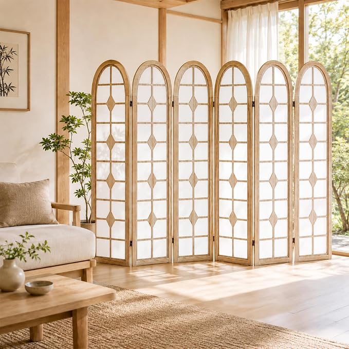 6 Panel Shoji Room Divider, Wood Folding Privacy Screen, Natural | Wood Room by Aletheiawu