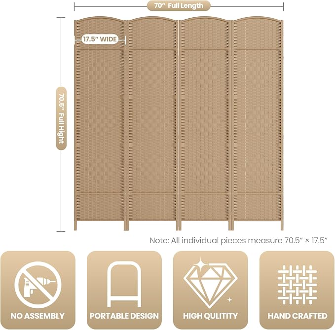 4 Panel Folding Room Divider, Woven Privacy Screen, Light Beige | Solid wood - Image 3