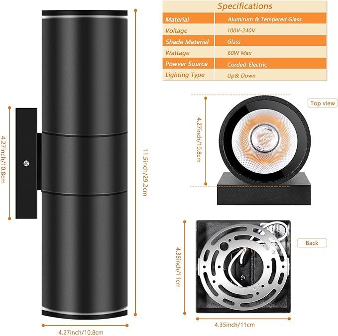 RIDALUX Outdoor Wall Lights Porch Sconce: 6 Pack LED Cylinder Up Down Wall Lights - Exterior Light Fixture for Patio House