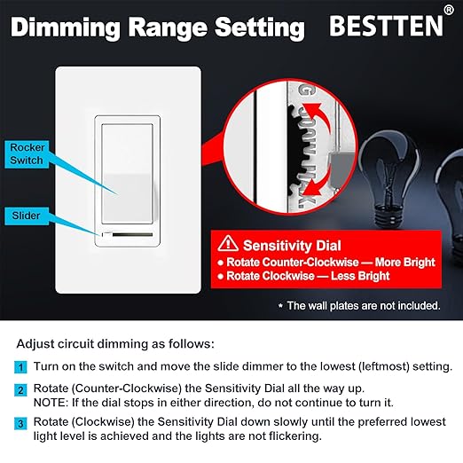 BESTTEN 5 Pack Dimmer Light Switch, Single Pole or 3-Way, Compatible with Dimmable LED, CFL, Incandescent and Halogen Bulb, LED Slide Dimmer Switch, Neutral Wire Not Required, 120VAC, UL Listed, White
