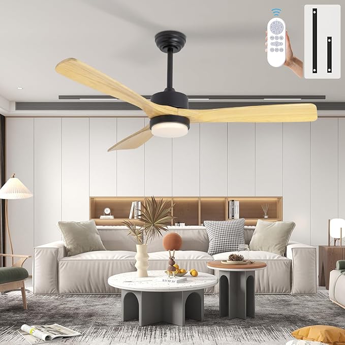 revoici 52” Ceiling Fans with Lights Remote Control, Quiet DC Motor 3 Blade Wood Ceiling Fan with LED Light, Indoor Outdoor Ceiling Fans for Patio Living Room, Bedroom, Office