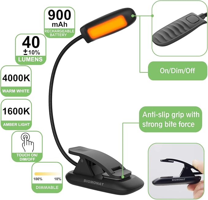 BIGMONAT Led Book Reading Light, Rechargeable Amber Book Night Light, Portable - Image 2