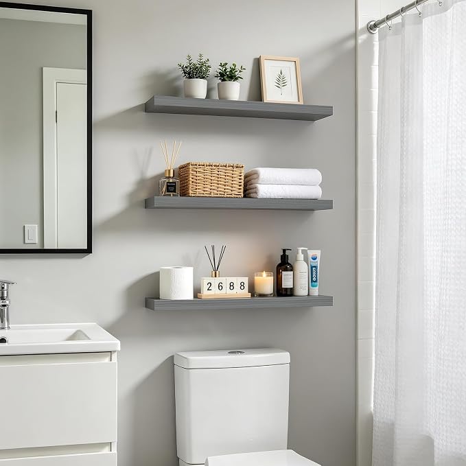 BAYKA Grey Floating Shelves 22.5in, Wall Mount Rustic Wood Shelf | Easy Install - Image 2