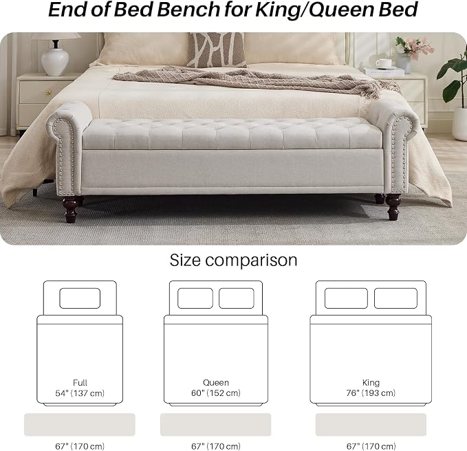 SOFTHION 67" Storage Bench for Bedroom, Linen Upholstered - Image 5