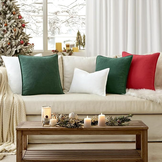EMEMA Christmas Throw Pillow Covers Decorative Linen Pillow Covers 24x24 Inch Green Boho Farmhouse Neutral Couch Throw Pillows for Bed Pack of 2 Accent Pillowcase Modern Sofa Cushion Livingroom Home