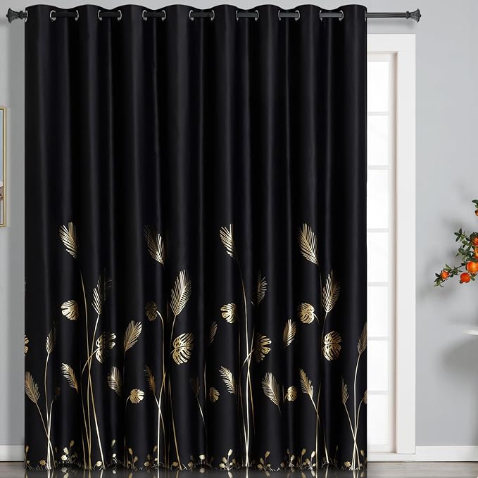Wide Blackout Curtain for Sliding Door 100W x 96L Inch Gold Print Palm Thermal by ESTELARTEXTILER