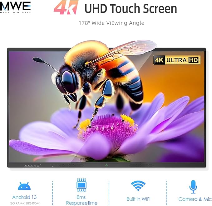 QIXZOCV 85" Smart Board, 4K UHD Interactive Board, 20-Point Touch, Android 13, 8GB & 128GB, Screen Sharing, Bluetooth/WiFi/HDMI, All-in-One Meeting & Education Solution (Wall Mount Included)
