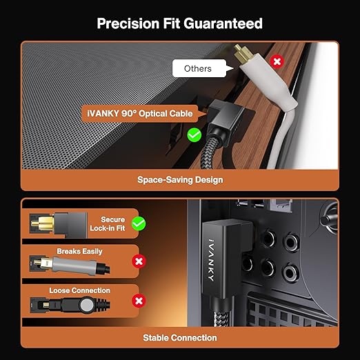 IVANKY Right Angle Optical Audio Cable, 10ft/3M 24K Gold-Plated 90 Degree Toslink Digital Fiber Optic Cable, 90° Angled & Lossless Audio S/PDIF Optical Cable for Soundbar, TV, PS5, Xbox, Home Theater