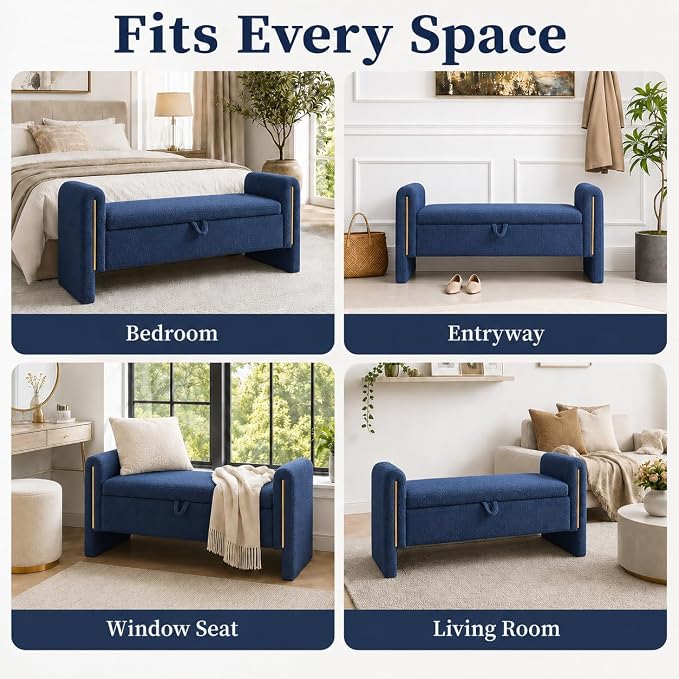 52" Upholstered Storage Bench, Wood Frame | Mid-century storage ottoman bench - Image 9
