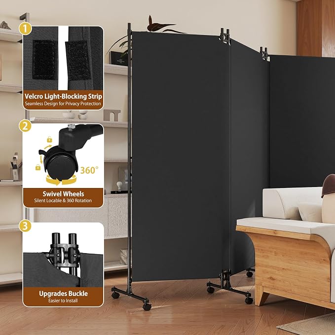 6 Panel Room Divider with Lockable Wheels, Freestanding Partition Room - Image 3
