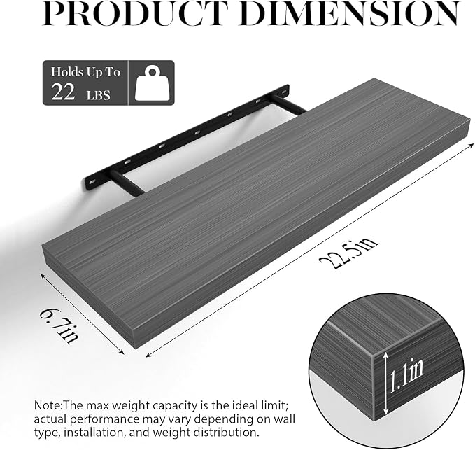 BAYKA Grey Floating Shelves 22.5in, Wall Mounted - Image 3